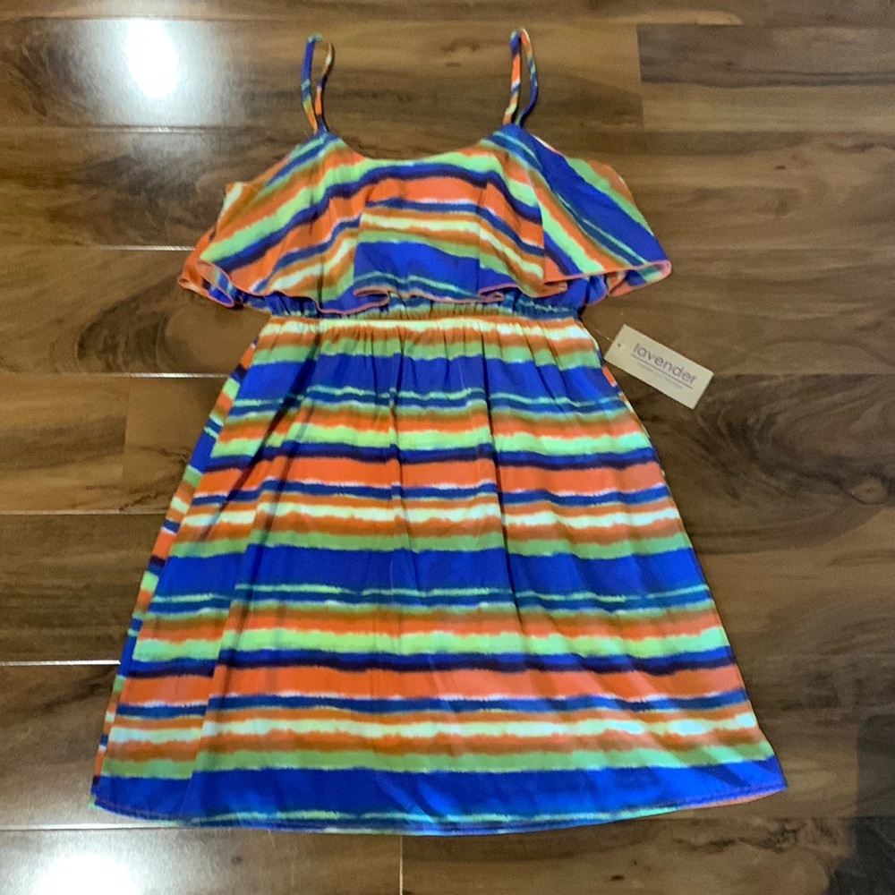 Lavender Boutique Peaches and cream sleeveless striped dress blue orange green S